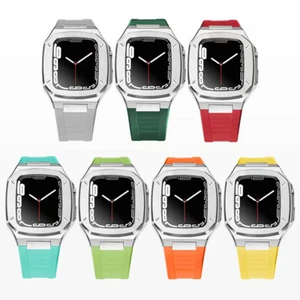 Kit MOD Cinturino Gomma Cassa Acciaio Inox per Apple Watch 9/8/7/6/5 41/45mm 44mm - Foto 1 di 34
