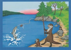Angelotter Grußkarte,Otter,Forelle,Natur,Angeln,Sonnenaufgang - Bild 1 von 1