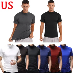 US Mens Mock Turtleneck T-shirts Pullover Short Sleeve Slim Fit Top Undershirt - Picture 1 of 90