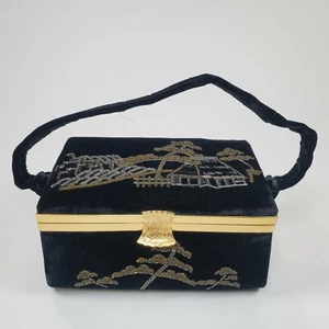Vintage Black Velvet Hand Beaded Japan Scenery Gold Metal Box Purse With Mirror  - Picture 1 of 10