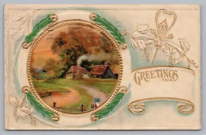 Postcard Greetings Farm Cottage Barn Embossed Posted 1911 - Picture 1 of 2