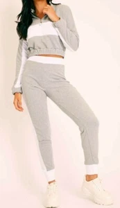Women's 2 Pcs Lounge Wear Set 2 Tone Zip Tracksuit Joggers Crop Top Comfortable - Picture 1 of 20