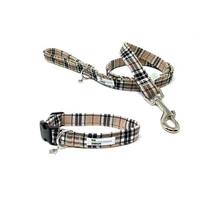 Classic Beige Tartan Dog Collar and Optional Matching Lead Set - Picture 1 of 6