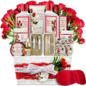 Christmas Gift for Women -Red Rose Gift Basket, 35 Piece Stress Relief Spa Kit - Picture 1 of 9