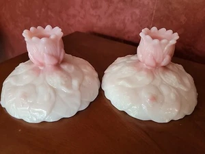 Gorgeous Fenton CANDLE HOLDERS Rosalene Pink WATER LILY - Beautiful set!!! - Picture 1 of 10