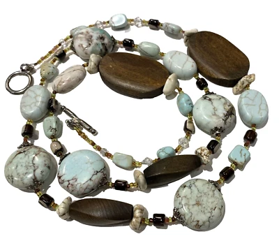 Magnesite Or Howlite Stones Wooden & Shell Beads Blue Cream Brown Necklace 38" - Image 1 of 4