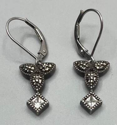 Judith Jack 925 纯银 Marcasite 悬垂珠饰耳环 — 第 1/4 张图片