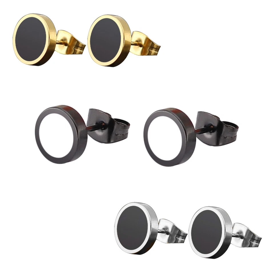2er Set 316L Edelstahl Ohrstecker Kreis Emaille schwarz silber gold weiß Damen - Bild 1 von 1