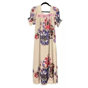 Handmade Muumuu Dress Cream Floral Puffed Sleeve Midi Embellished Sheer Sequins - Picture 1 of 17