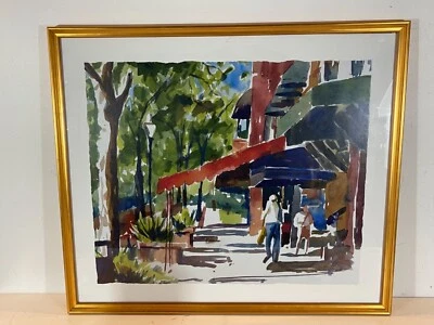 Vintage Abstract Street Scene Watercolor on Paper Framed - Image 1 of 4