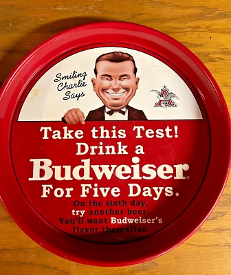 Vintage BUDWEISER serving tray Smiling Charlie Five Day Test - Image 1 of 4