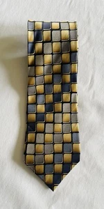 KILBURNE and FINCH Tie Men’s Necktie Blue and Gold Squares Silk - Picture 1 of 3