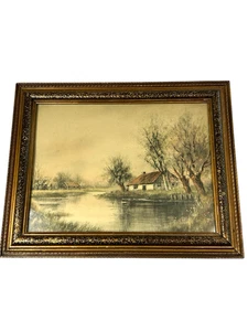 Vintage Gold Wooden Framed Print Cottage River Pastoral Scene Glass 14.5X11/5" - Picture 1 of 8