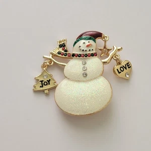 Vintage SNOWMAN BROOCH Pin Joy Love Rhinestone Enamel Charms Costume Jewelry - Picture 1 of 4