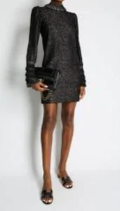 LANVIN Black & Pink LS Ruffled Elegant, Chic Mini Dress metallic sheen sz S-M - Picture 1 of 9