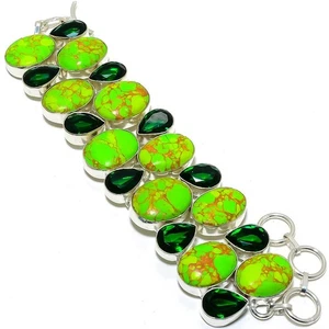 Copper Green Turquoise,Diopside Gemstone 925 Sterling Silver Bracelet 7-8" z259 - Picture 1 of 6