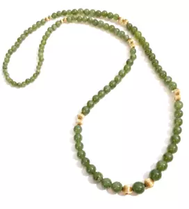 Gorgeous 36" Graduated Size Medium Green Jade & 14K Gold Bead Necklace 89.6 Gram - Picture 1 of 12