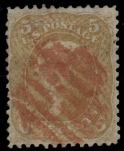 US #67, 5¢ buff, used w/red grid cancel, light creases, Scott $750.00 - Picture 1 of 1