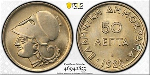 GRECIA 50 LEPTA 1926 B PCGS MS64 - Foto 1 di 1