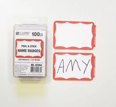 100 RED BORDER BADGES NAME TAGS LABELS ID STICKERS PEEL AND STICK ADHESIVE - Image 1 of 4