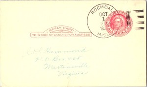 Mississippi Rochdale 1952 4f-bar  1937-1952  Postal Card  Philatelic.