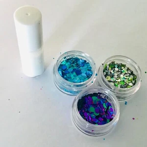 FESTIVAL FACE/BODY KIT 4ml KLEBER 3 x 5g CHUNKY GLITTER MERMAID SCALES BLUE JEWEL - Bild 1 von 4