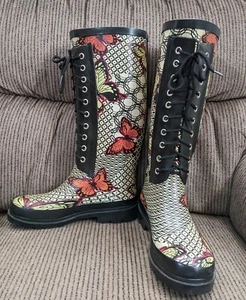 Botas de lluvia de goma mariposa con cordones altos para mujer talla 6 - sin fabricante - Imagen 1 de 10