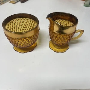 Vintage Indiana Vetro Punta Diamante Ambra Oro Flash Creamer, Zuccheriera - Foto 1 di 7