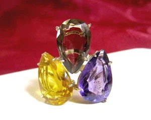 RARE 14K YELLOW GOLD PEAR SHAPE AMETHYST CITRINE SMOKY QUARTZ RING SIZE 6.75 - Picture 1 of 9
