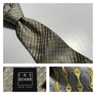 IKE BEHAR Iridescent Gold Lt Blue Geometric Oval Woven Silk Tie USA made - Image 1 of 4