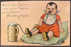 DEUTSCHLAND COMIC POSTKARTE BABY BENUTZT FLASCHENKIPPEL ZUM LETZTEN TROPFEN BIER - Bild 1 von 2