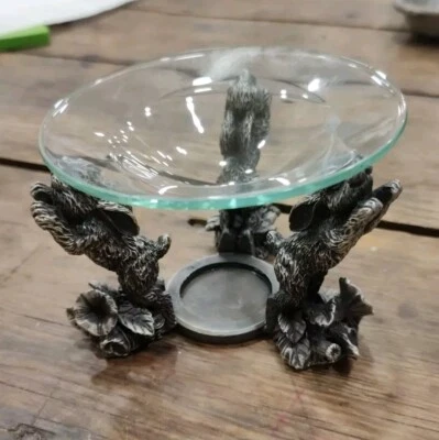 Calentador de fragancia de vela de conejo de peltre con tapa de vidrio plato popurrí té ligero PESADO Foto 1 de 4