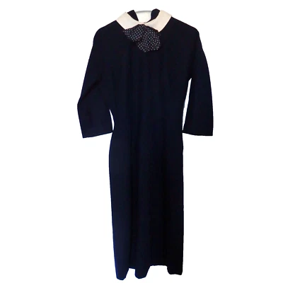 Vintage Retro 1950s 50s Navy Blue Wool 3/4 Sleeve Dress Size Small - Image 1 of 4
