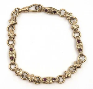Ruby 9ct Yellow Gold Bracelet with Fleur de lis & Flower Patterned Links - Picture 1 of 11