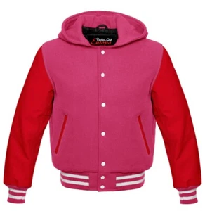 Chaqueta de béisbol universitaria de lana con capucha para hombre mangas de cuero real - Imagen 1 de 3