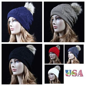 Plain Pompom Beanie Solid Slouch Hats Knit Cap Ski Winter Kid Teen Hat Unisex - Picture 1 of 7