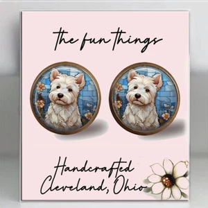 West Highland White Terrier Puppy Dog Earrings Bronze Studs Settings in 3 Sizes - Picture 1 of 5