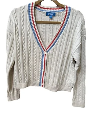 Prince Pickleball Women's Size Large White Cable Knit Cardigan Sweater - Image 1 of 4