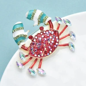 Quirky Fun Red Crustacean Crab Oven Mitt Pincers Rhinestone Brooch Jewelry - Picture 1 of 3