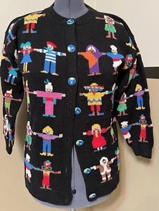 VTG Novelty Sweater Cardigan Christine Foley Colorful It’s A Small World SIZE 1 - Picture 1 of 24