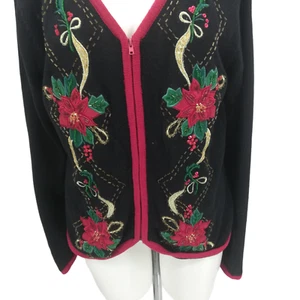 Heirloom Collectibles Christmas Beaded Embroidered Cardigan Sweater Size XL Zip - Picture 1 of 13