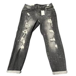 Pantalones de mezclilla Judy Blue tiro medio corte novio 14W negros desgastados salpicaduras #JB8867 NUEVOS CON ETIQUETAS - Imagen 1 de 10