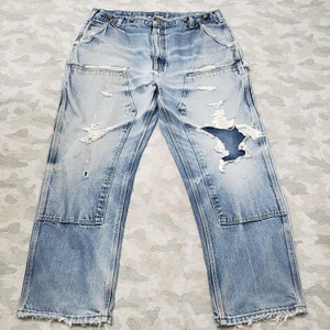 Vintage Carhartt Jeans Mens 37x28 Blue B07 Double Knee Distressed Denim Workwear - Picture 1 of 10
