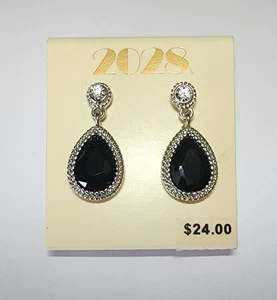 2028 Silver Tone Black Teardrop Crystal Dangle Earrings with Rhinestone Halo - Picture 1 of 3