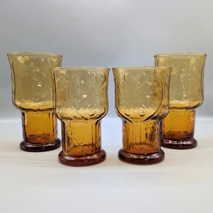 Vintage Libbey Amber Country Garden Daisy Pedestal Glass Tumblers Medium Large - Picture 1 of 6