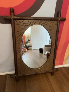 Rare vintage mid century wood tiki tiger primitive wood framed mirror - Picture 1 of 4