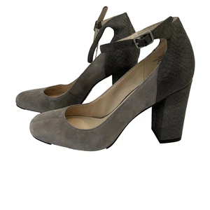 Nine West Block Heels Gray Wmns 7 1/2 Ankle Strap Snakeskin Suede Mob Wife - Picture 1 of 8