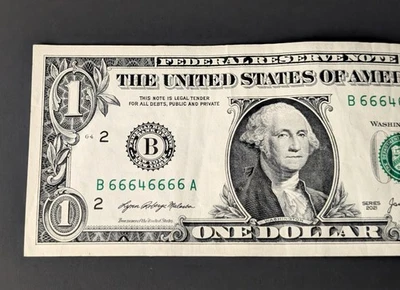 Near Solid Binary Fancy Serial Number B66646666A One Dollar Bill Circulated  - Image 1 of 4