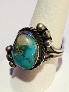 Vintage Natural Morenci Turquoise w/ Crystal Quartz Matrix Silver Navajo Ring - Picture 1 of 7