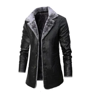 Mens Winter Leather Faux Fur Shearling Coat Thermal Jacket Warm Long Coat Casua∂ - Picture 1 of 19